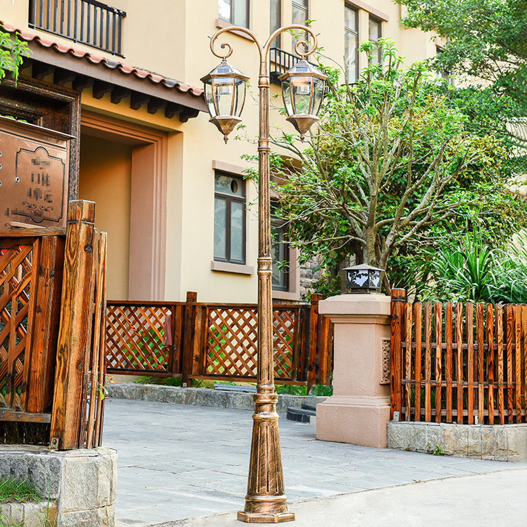 Double Head Antique Solar Coach Post Light Bronze Clear Glass street Lantern Hexagonal