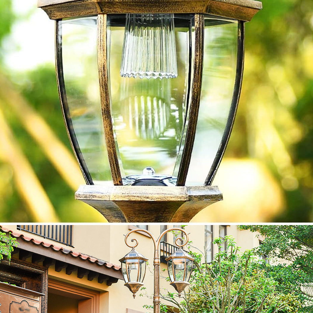 Double Head Antique Solar Coach Post Light Bronze Clear Glass street Lantern Hexagonal