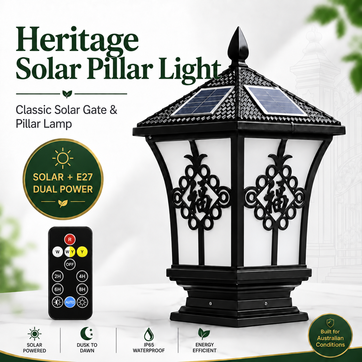 An infographic showcasing the heritage solar pillar light Australia loves, featuring a classic solar coach lamp design with dual-power capability and smart remote control.