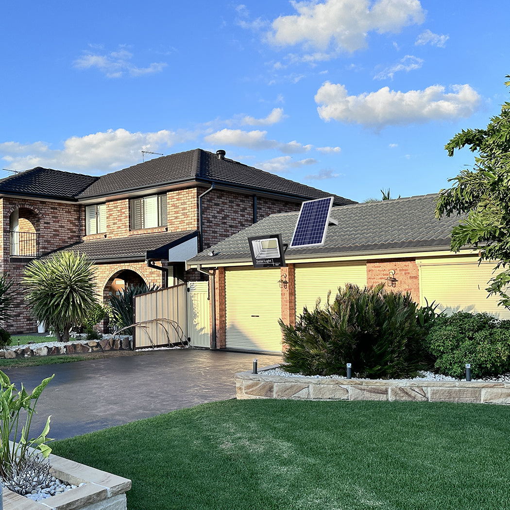 Super bright 2000LM solar floodlight that auto-charges during the day and illuminates at night, covering up to a 12x12 meter area. Ideal for various outdoor spaces like doorways, yards, gardens, paths, and garages, with a recommended mounting height of 3-5 meters