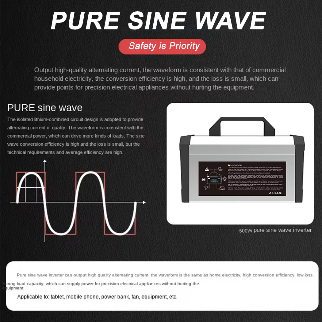 Portable 500W Solar Power Generator Pure Sine Wave Inverter Home Using 220V TV Laptop Off-grid System