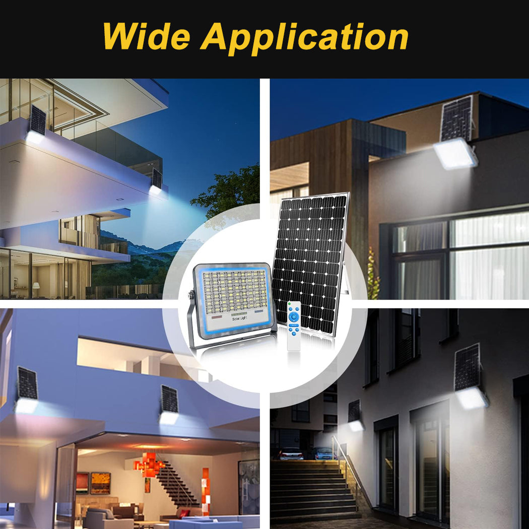 Solar sensor flood light with wide application—shown installed on a house exterior, commercial building, residential wall, and indoor space. Central close-up highlights the solar panel, LED flood light, and remote control for flexible settings. Text overlay reads ‘Wide Application