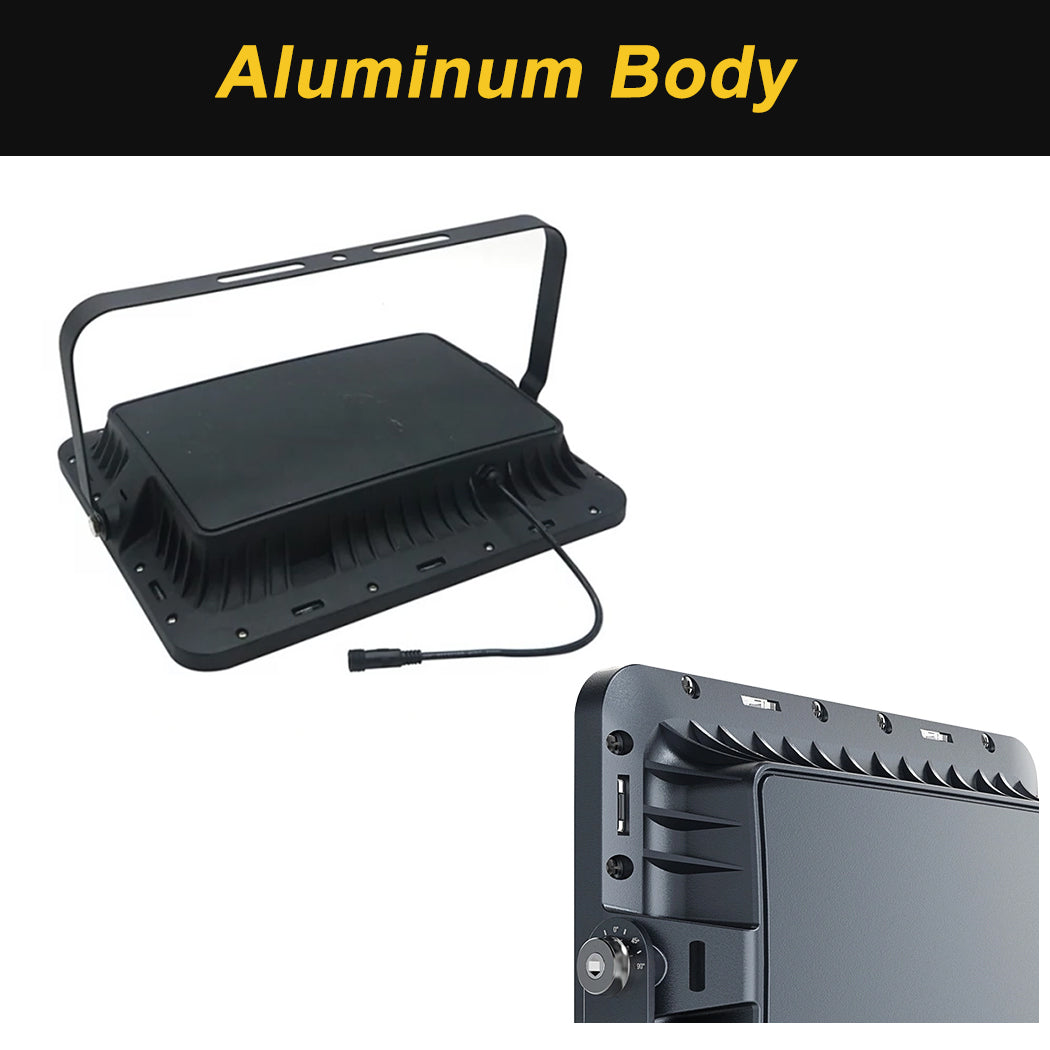 Black LED light fixture with 'Aluminum Body' text on a white background