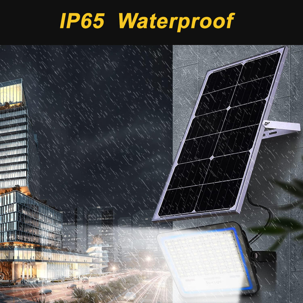 Solar panel and light fixture with IP65 waterproof text against a cityscape background