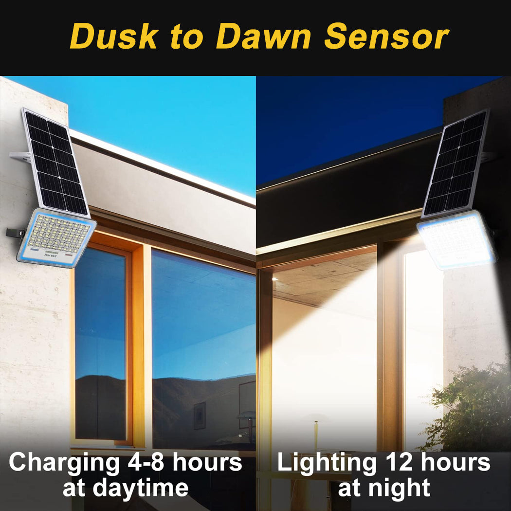 Solar sensor flood light mounted on a wall with dusk-to-dawn functionality—solar panel charges in daylight, light activates automatically at night for 12 hours. Labeled 'Dusk to Dawn Sensor' with split view of day and night operation