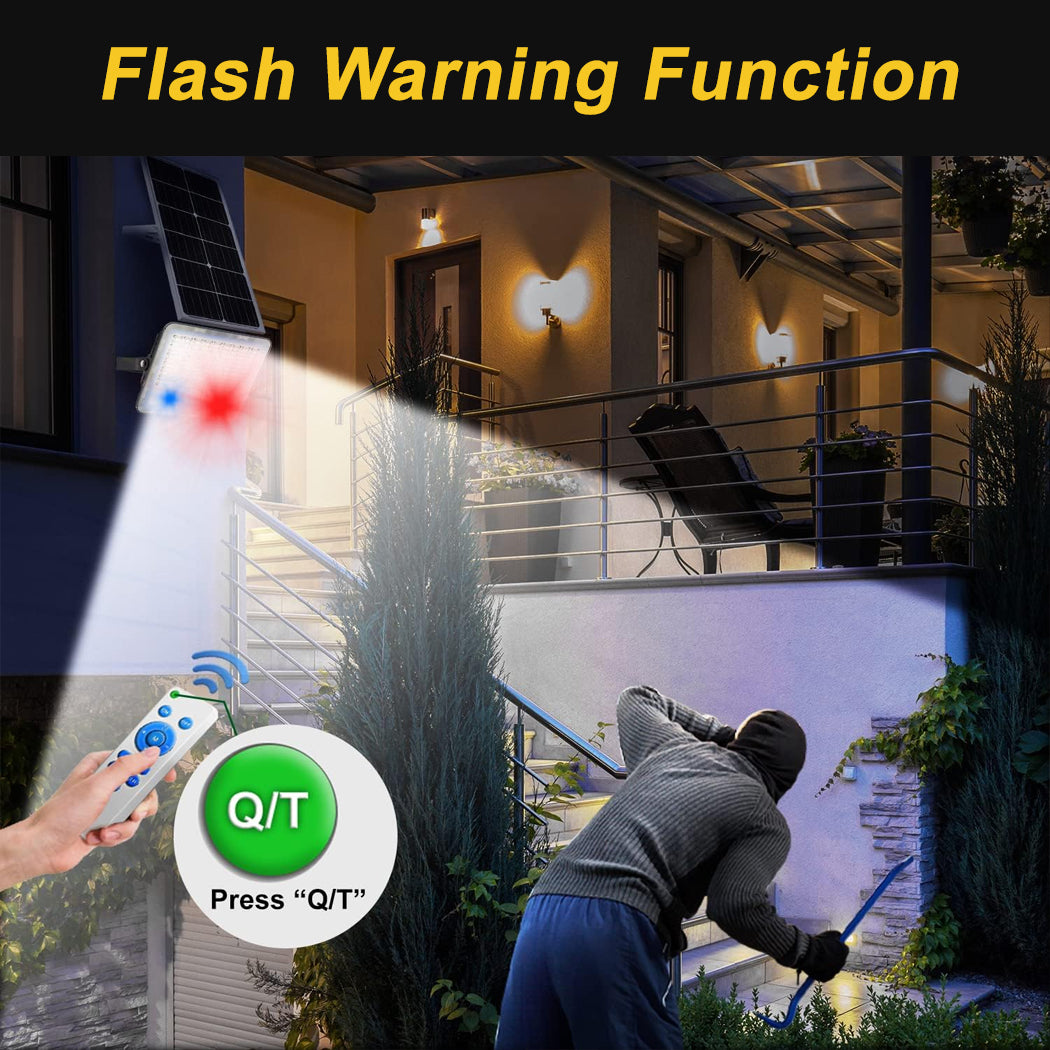 Outdoor scene with a solar light fixture and remote control, highlighting flash warning function.