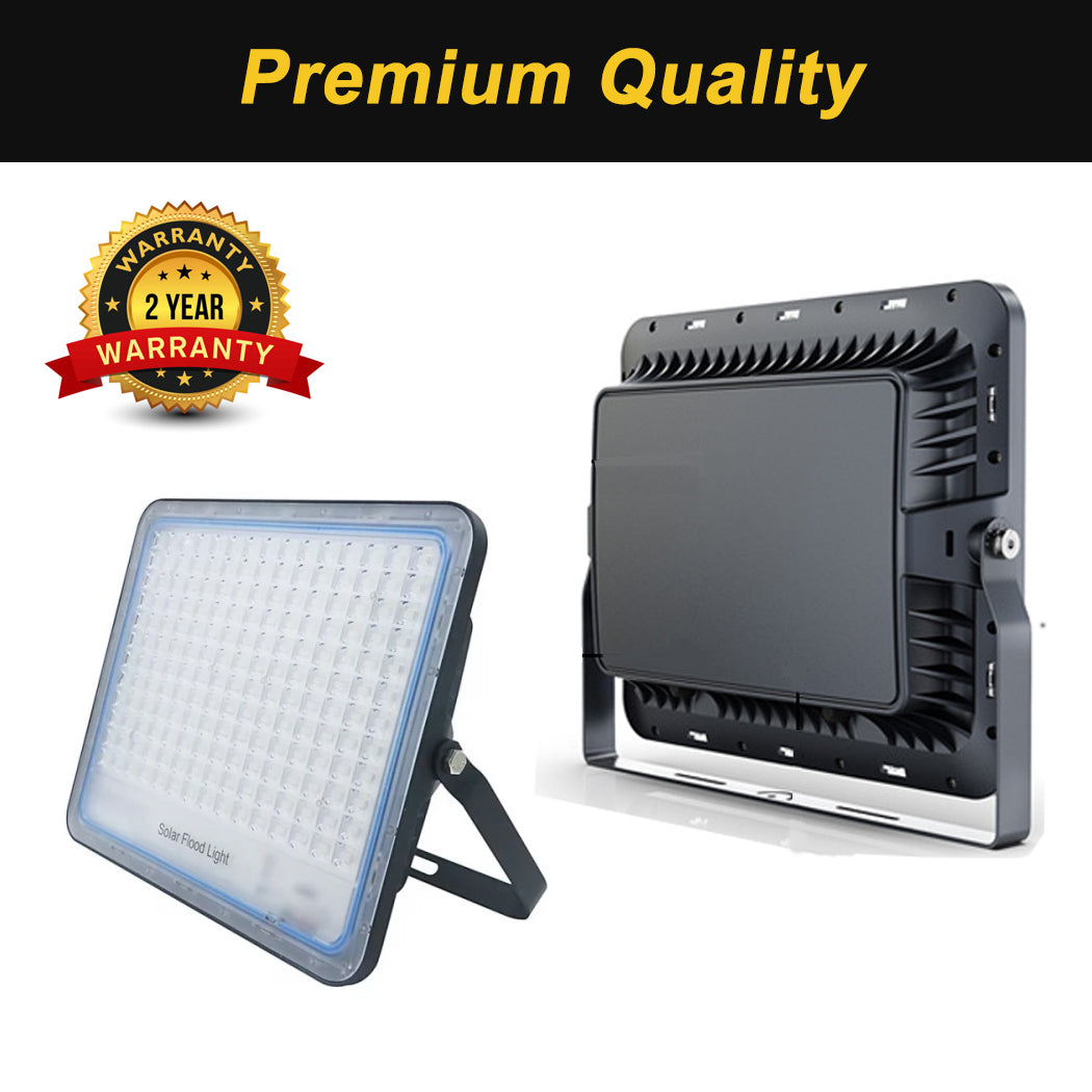 Two flood lights with a 'Premium Quality' label and two-year warranty badge on a white background.