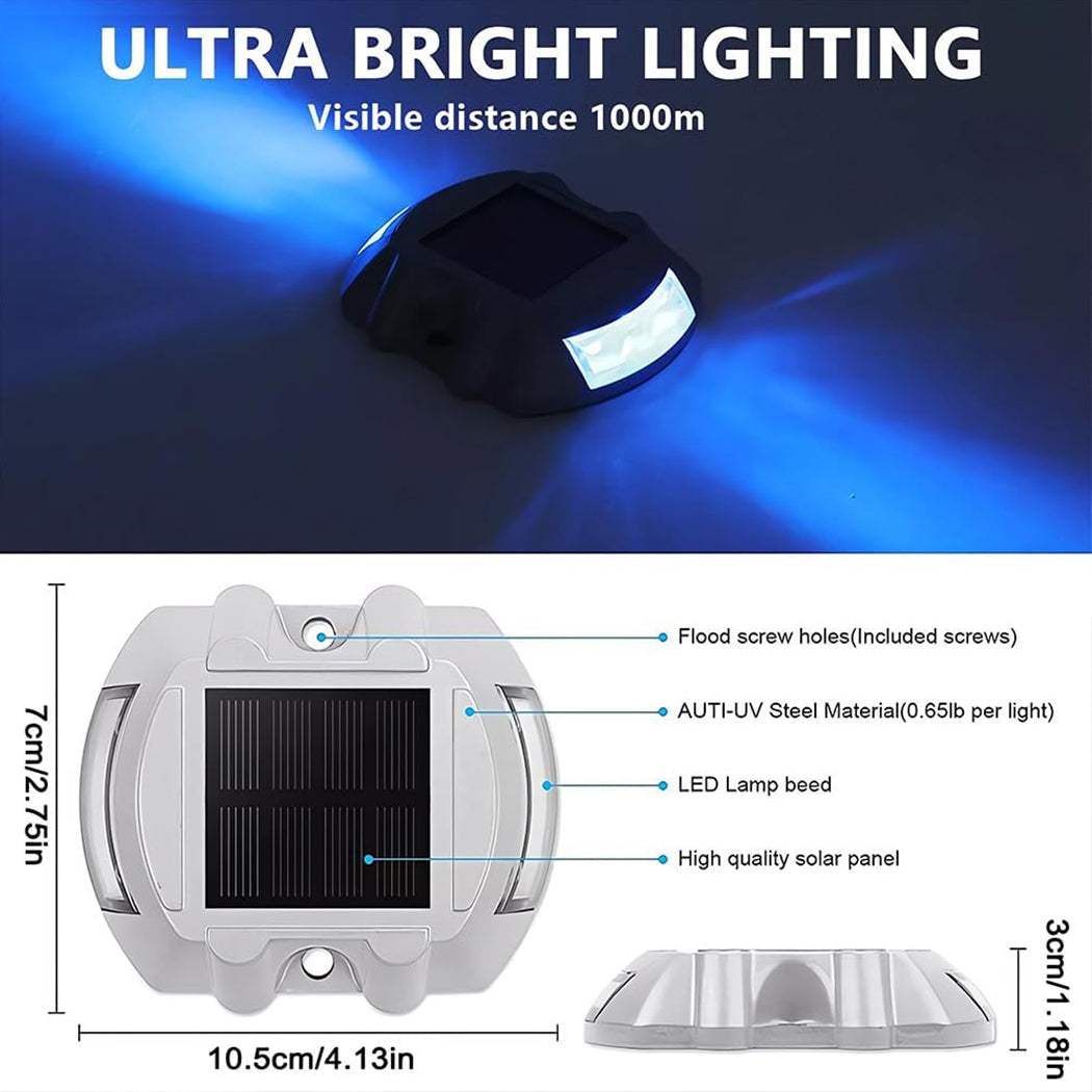 “Ultra-bright solar-powered driveway deck marker light with high-quality solar panel and vibrant blue LED—visible up to 1000 meters, built from AUTI-UV steel with waterproof screw holes for easy outdoor installation and long-lasting durability.