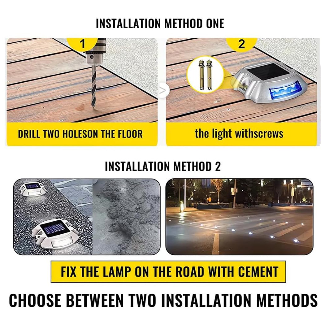 Driveway deck marker light installation guide showcasing two mounting options—screw-fixed method with pre-drilled holes and cement-sealed method for road surfaces—designed for secure outdoor placement of solar-powered LED lights.