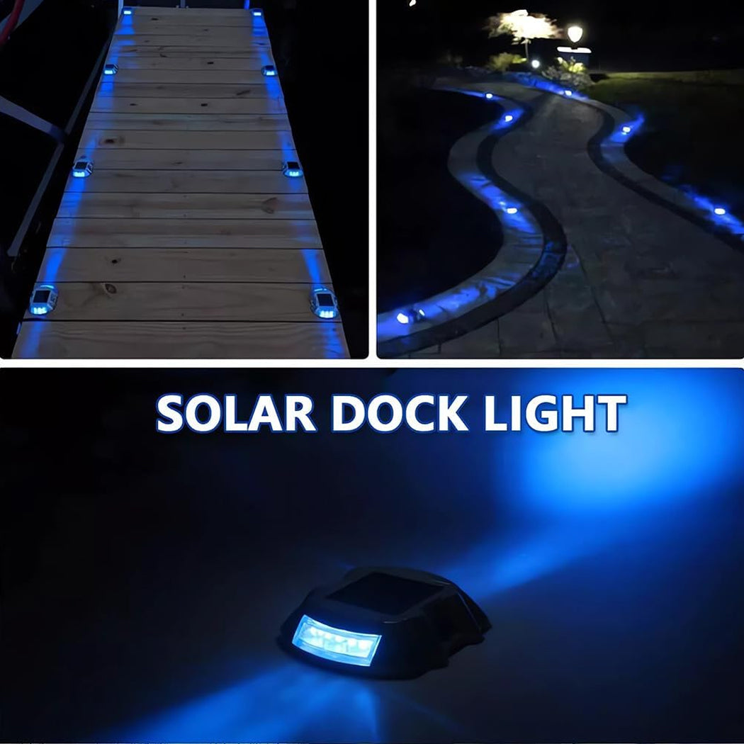 Solar-powered dock and pathway lights installed along wooden decks and stone walkways—emitting a bright blue glow for enhanced outdoor visibility, safety, and nighttime ambiance.