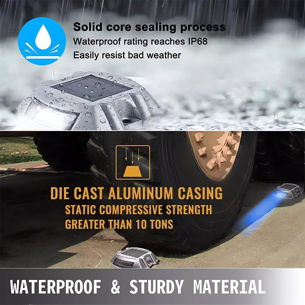Solar-powered driveway deck marker lights with die-cast aluminum casing—engineered for extreme durability with 10-ton static load resistance and IP68 waterproof rating, shown functioning under vehicle pressure and rain for reliable outdoor performance.