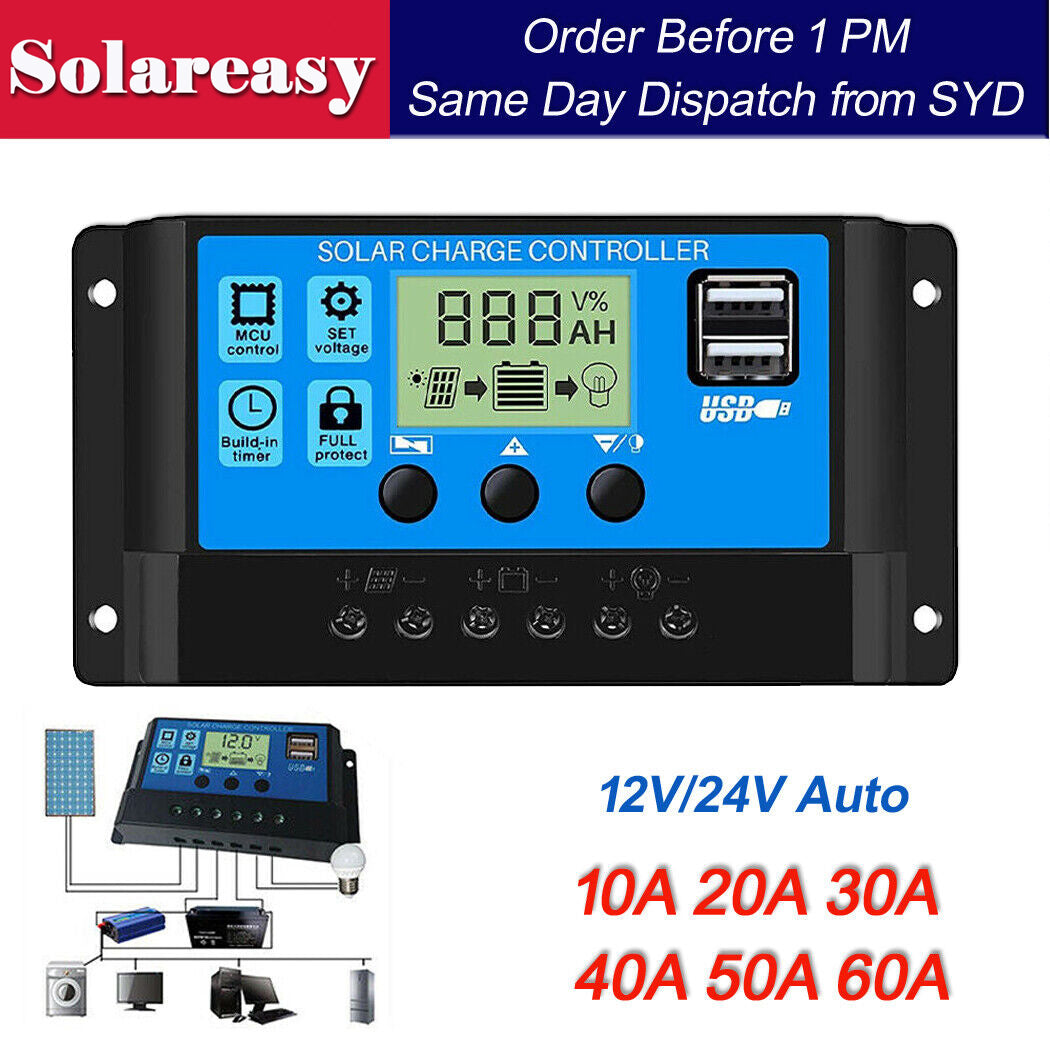 Solar Panel Charge Controller Regulator 12V/24V auto dual USB 30A/20 Battery PWM