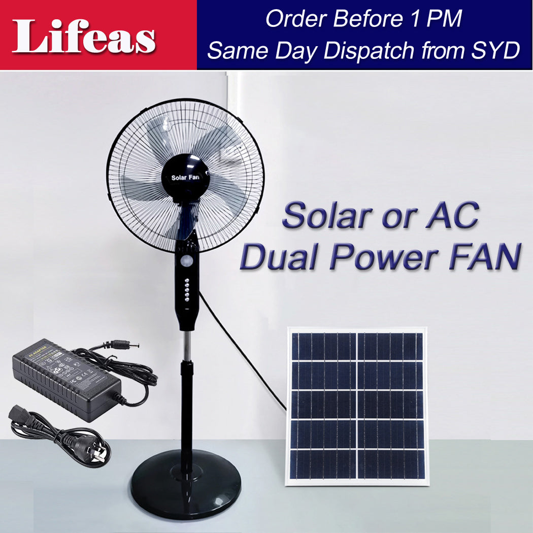 A 25W solar-powered pedestal fan with 5 blades, 3 speeds, and 18000mAh battery (10-12 hrs). Includes 20W IP66 solar panel, AC adapter, USB port, and night light. Ideal for indoor/outdoor, caravan, and camping. Energy-efficient, portable, and eco-friendly cooling solution.