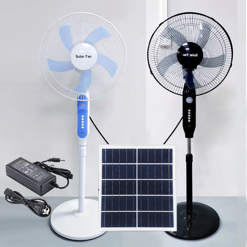 Our 25W Solar Powered Pedestal Fan delivers efficient cooling with a durable 5-blade design and 3-speed control. Powered by a 20W waterproof solar panel or AC adapter, it runs up to 12 hours and includes a USB port and night light for convenience.
