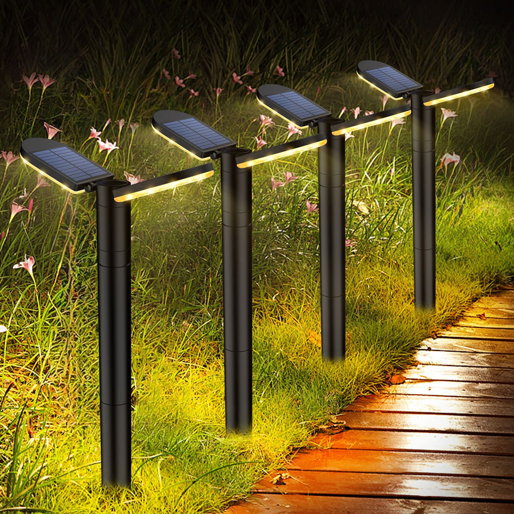"Set of solar-powered pathway lights with adjustable-angle monocrystalline panels in warm white and cool white LED options