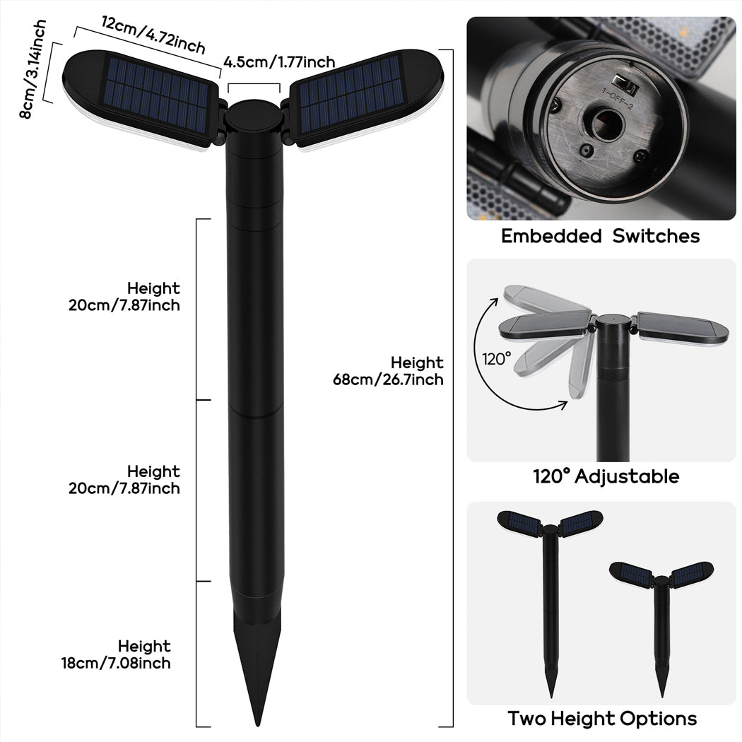 Adjustable solar pathway lights with 2 color modes (warm/cool white), IP65 waterproof rating, and automatic dusk-to-dawn operation