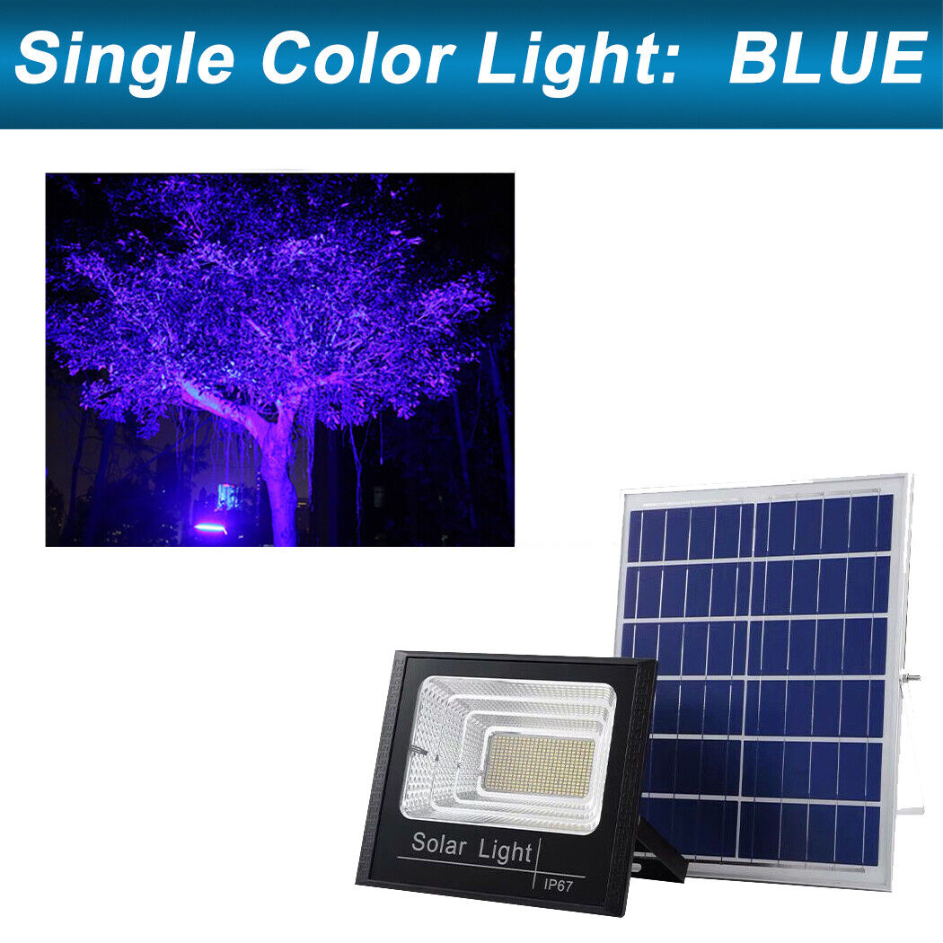 Solar powered Blue Colour flood light, with remote control, auto on dusk-to-dawn, Perfect for festive lighting, Halloween, Christmas, or accenting garages, gardens, and porches