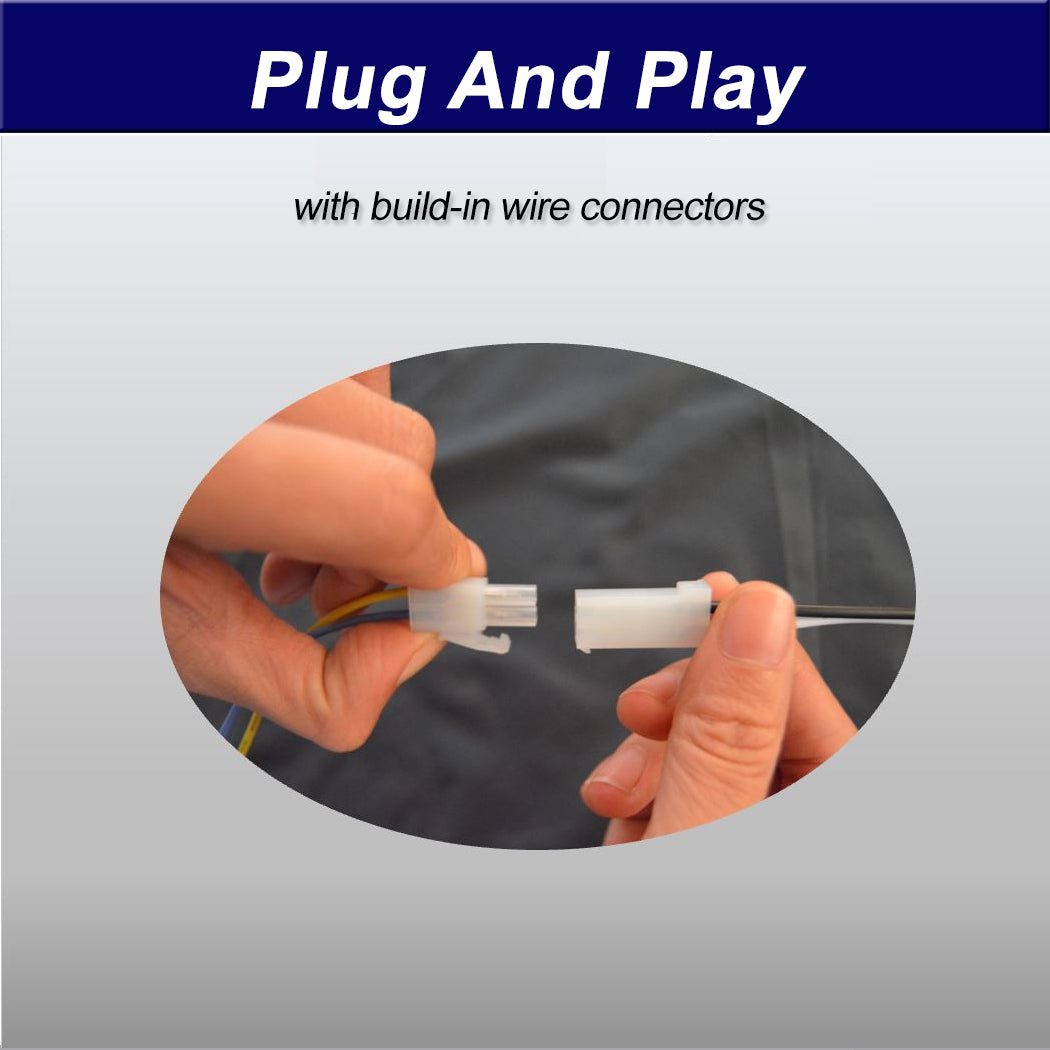 Close-up of hands connecting built-in wire connectors, demonstrating plug-and-play setup between solar panel and round ceiling skylight for easy installation and reliable power integration.