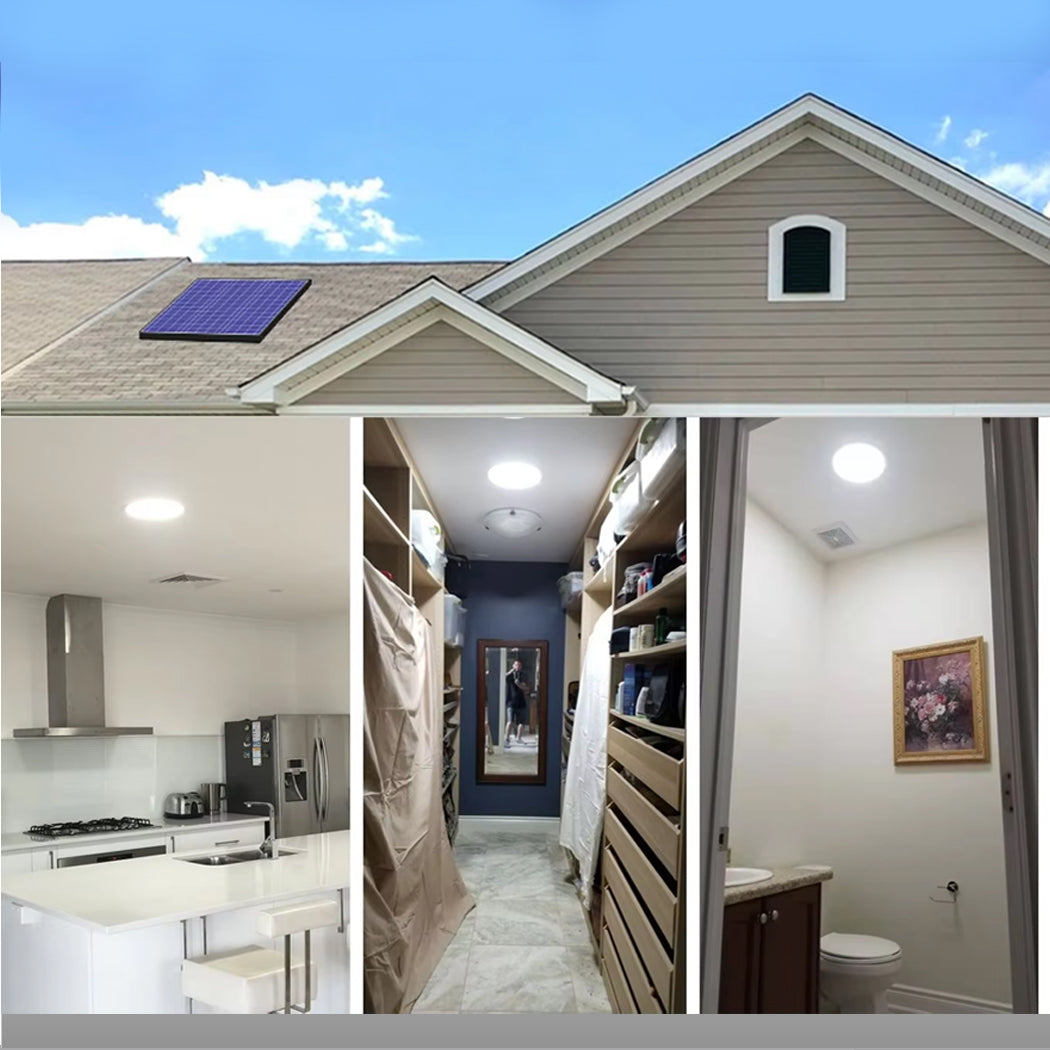 Collage showcasing round solar skylight applications—solar panel mounted on roof powers ceiling-mounted skylights in kitchen, walk-in closet, and bathroom, providing energy-efficient natural lighting throughout the home