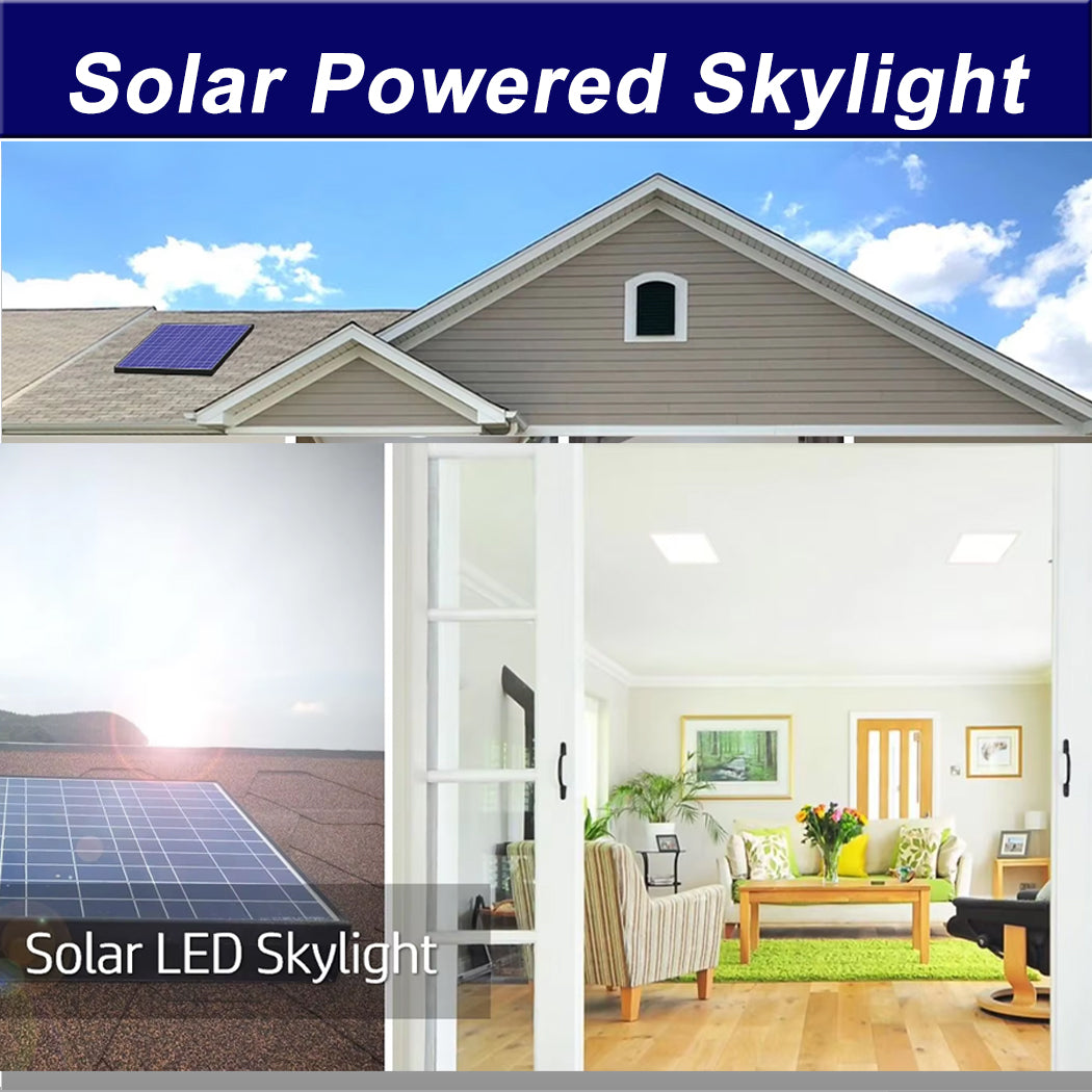 Promotional image of round solar skylight system—shows rooftop solar panel powering interior LED skylights in a bright living room, with additional roof-top-mounted solar panels featured for enhanced energy capture.