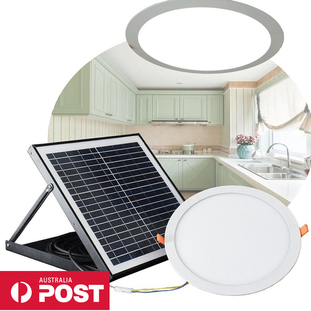 Solar-powered LED Sky lighting system displayed in a modern kitchen, featuring a mounted solar panel and ceiling fixtures—ideal for energy-efficient indoor illumination.
