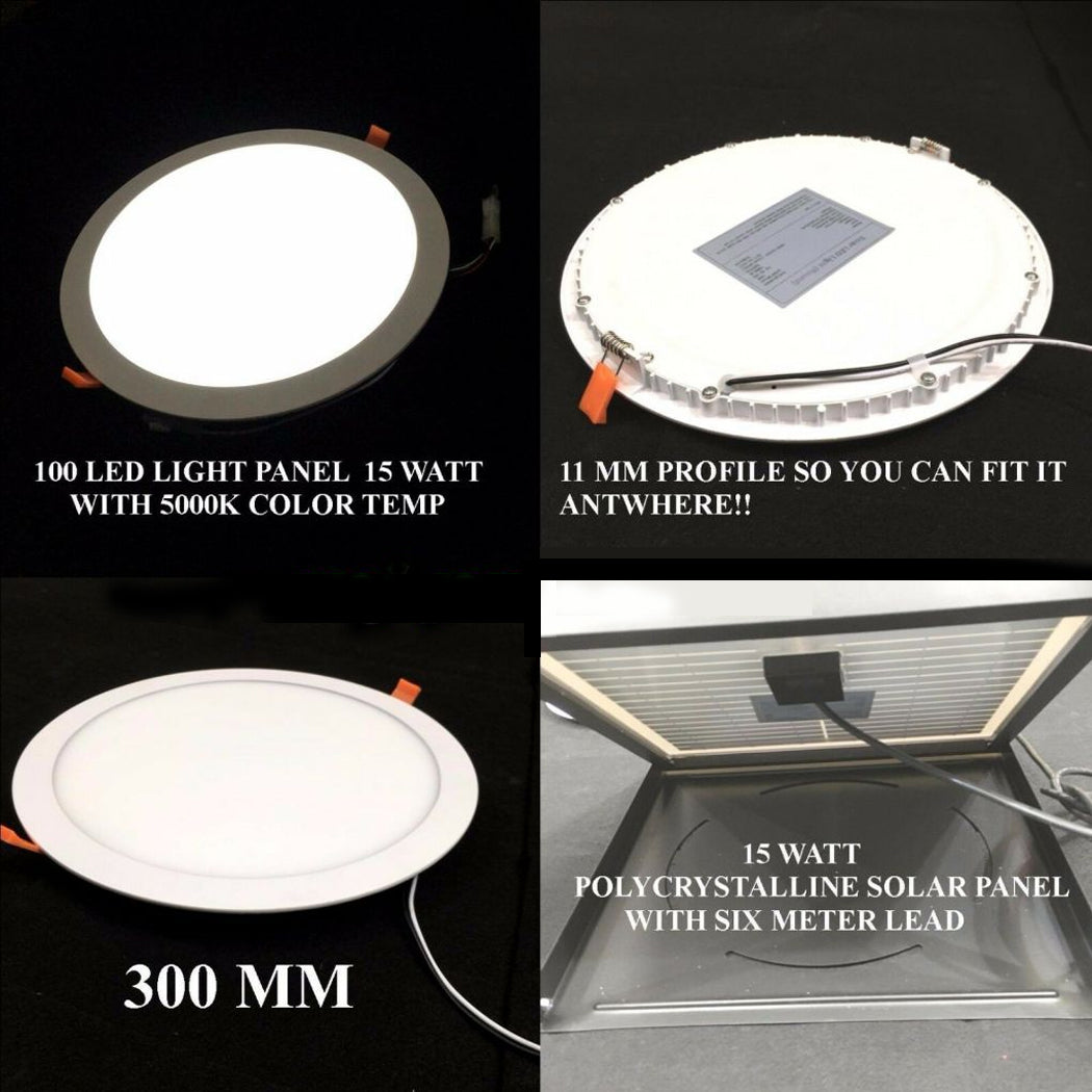 Round solar skylight system featuring a 100-LED panel with 5000K color temperature, ultra-slim 11mm profile, 300mm diameter, and 15W polycrystalline solar panel with 6-meter lead—designed for compact, energy-efficient daylighting