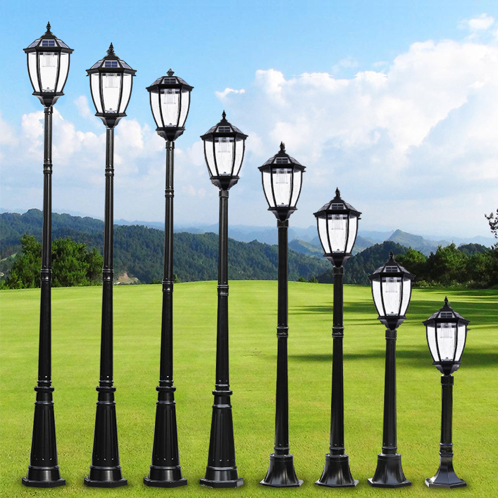 Set of antique black street lights with a classic hexagonal lantern-style design, available in various heights. Perfect for outdoor spaces like gardens, pathways, and driveways, offering both elegance and functionality while enhancing your property's ambiance