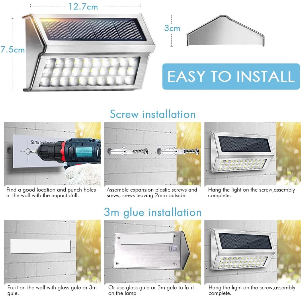 Solar Sensor Wall Light Stainless Steel Warm White DailyLight Super Bright Remote Wterproof