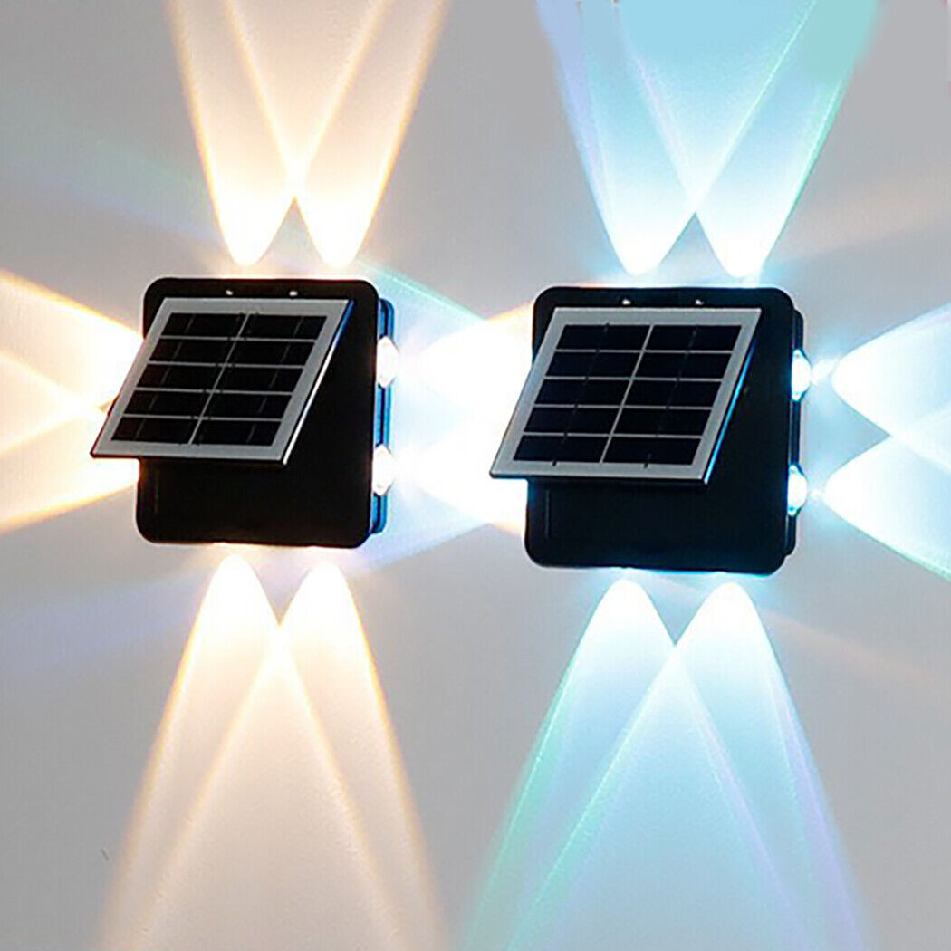Light up your outdoor style with this 4 colour Solar 4-Directional Wall Light featuring 8 interlaced LEDs. Choose from Warm White (3000K), Cool White (6000K), or dynamic RGB multi-color modes. Its crisscrossing beams cast broader, brighter light—ideal for gardens, porches, and sleek modern exteriors.