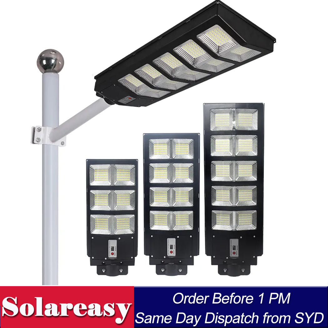 300W solar-powered street light mounted outdoors with arm, showing bright LED panels and built-in solar panel. Ideal for driveways, gardens, or home security lighting with motion sensor and dusk-to-dawn settings.