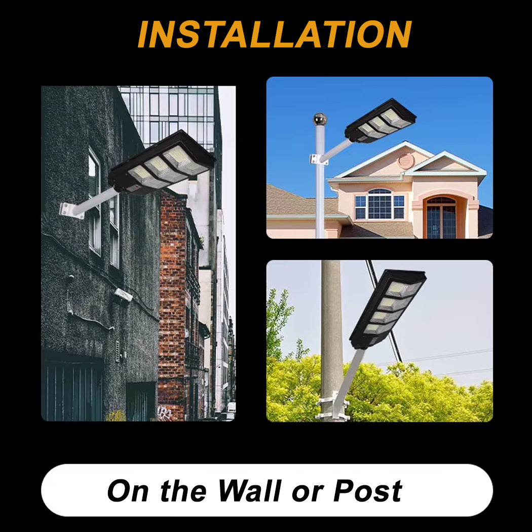 Solar street light installation guide showing three mounting options: on a house wall, residential post, and utility pole. Highlights the adjustable arm for easy setup—ideal for lighting driveways, yards, or pathways with motion sensor and dusk-to-dawn features.