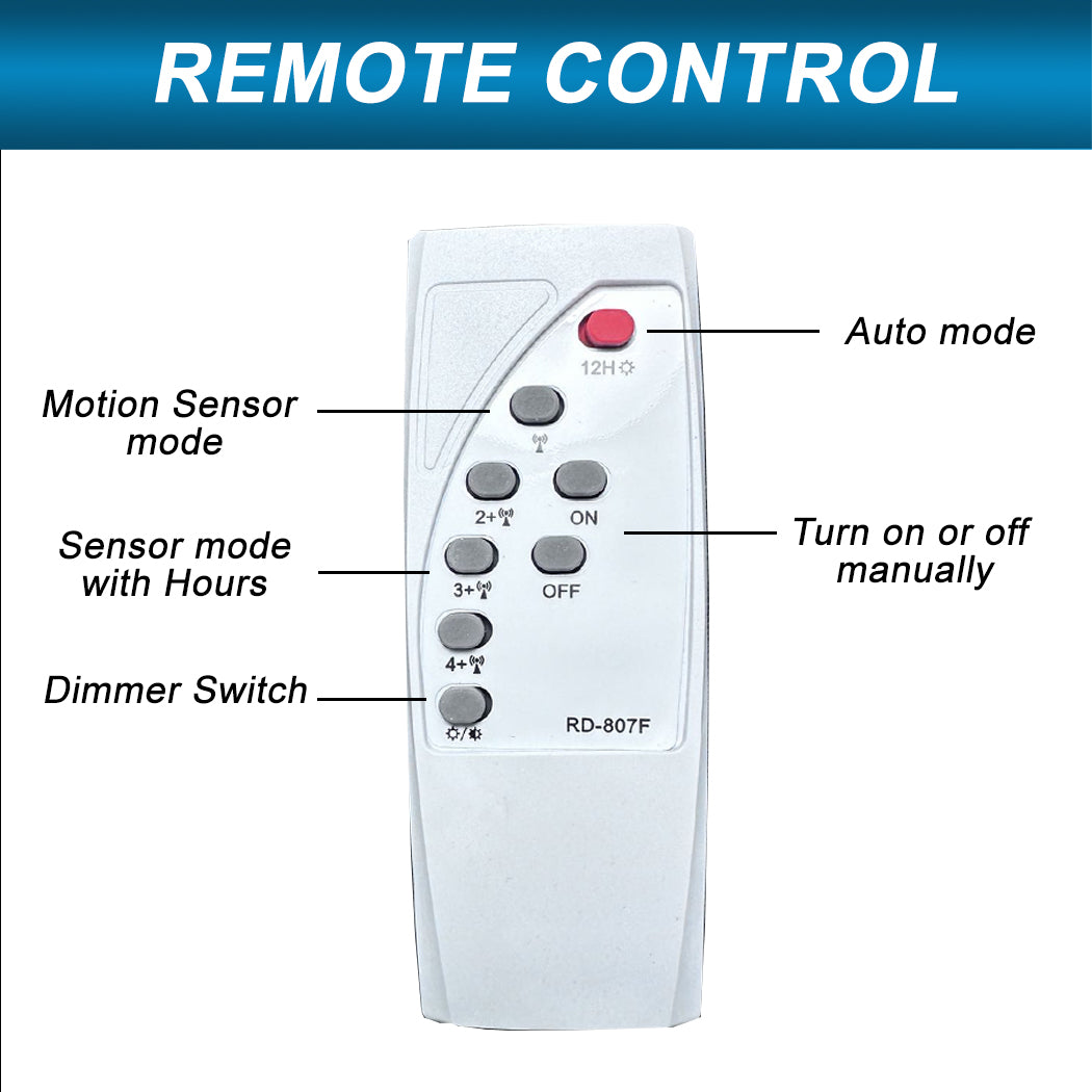 Remote control for Solareasy solar street light system, highlighting adjustable arm settings for easy wall or post mounting. Includes buttons for auto mode, motion sensor, brightness control, and timed operation for flexible lighting control.