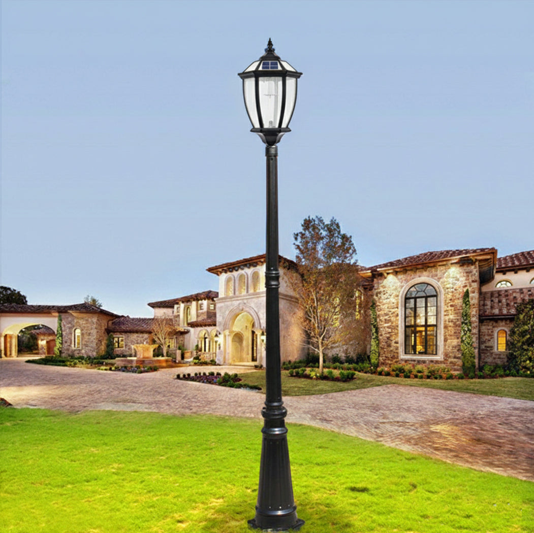 Victorian Solar Post Light - Black Lamp Post Antique Lantern with Clear Glass Clear Glass Lights Yard Lawn Walkway