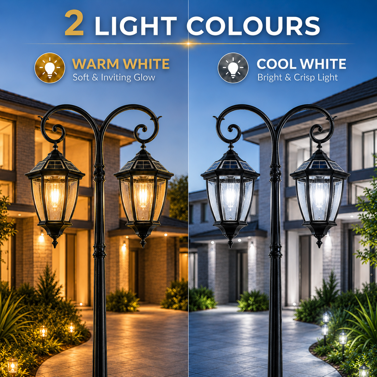 Antique black Double Head Solar Coach Post Light infographic showcasing the switchable warm white soft glow and cool white bright lighting modes on a residential path.