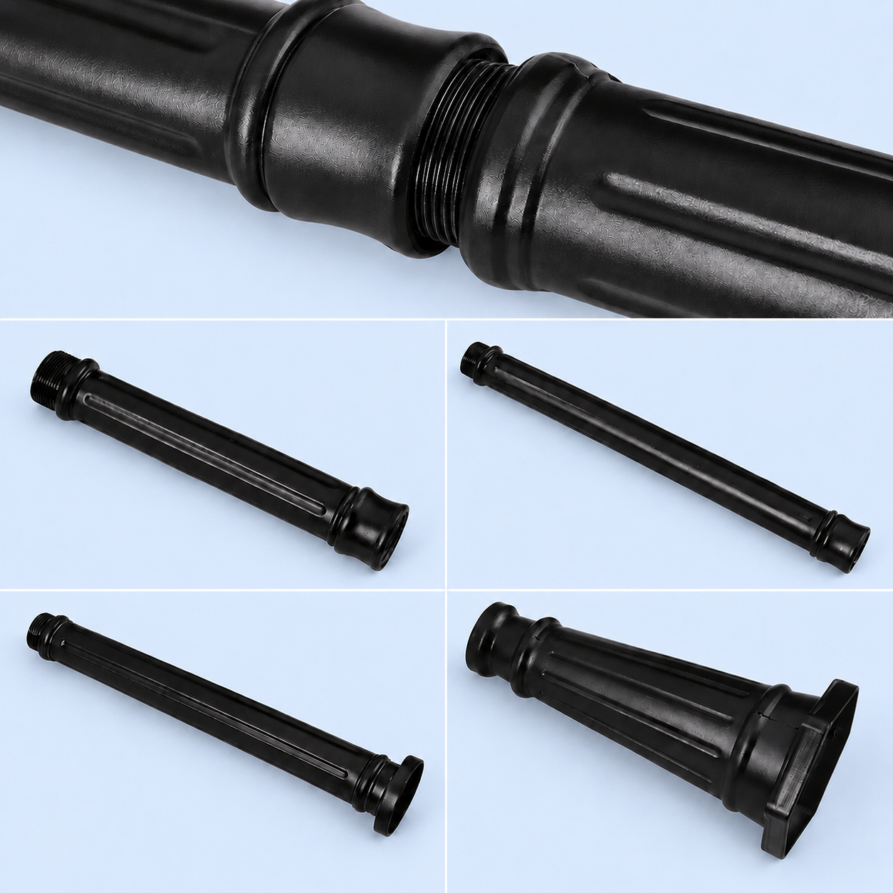 Threaded interlocking assembly poles and base mount parts for the antique black Double Head solar Post Light, showing modular height adjustments.