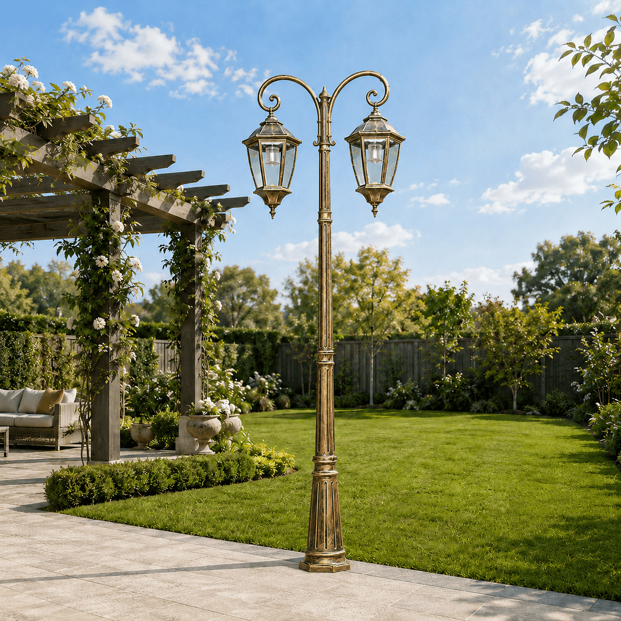 Antique bronze double head solar garden lamp standing on a paved patio edge overlooking a manicured lawn and garden pergola.