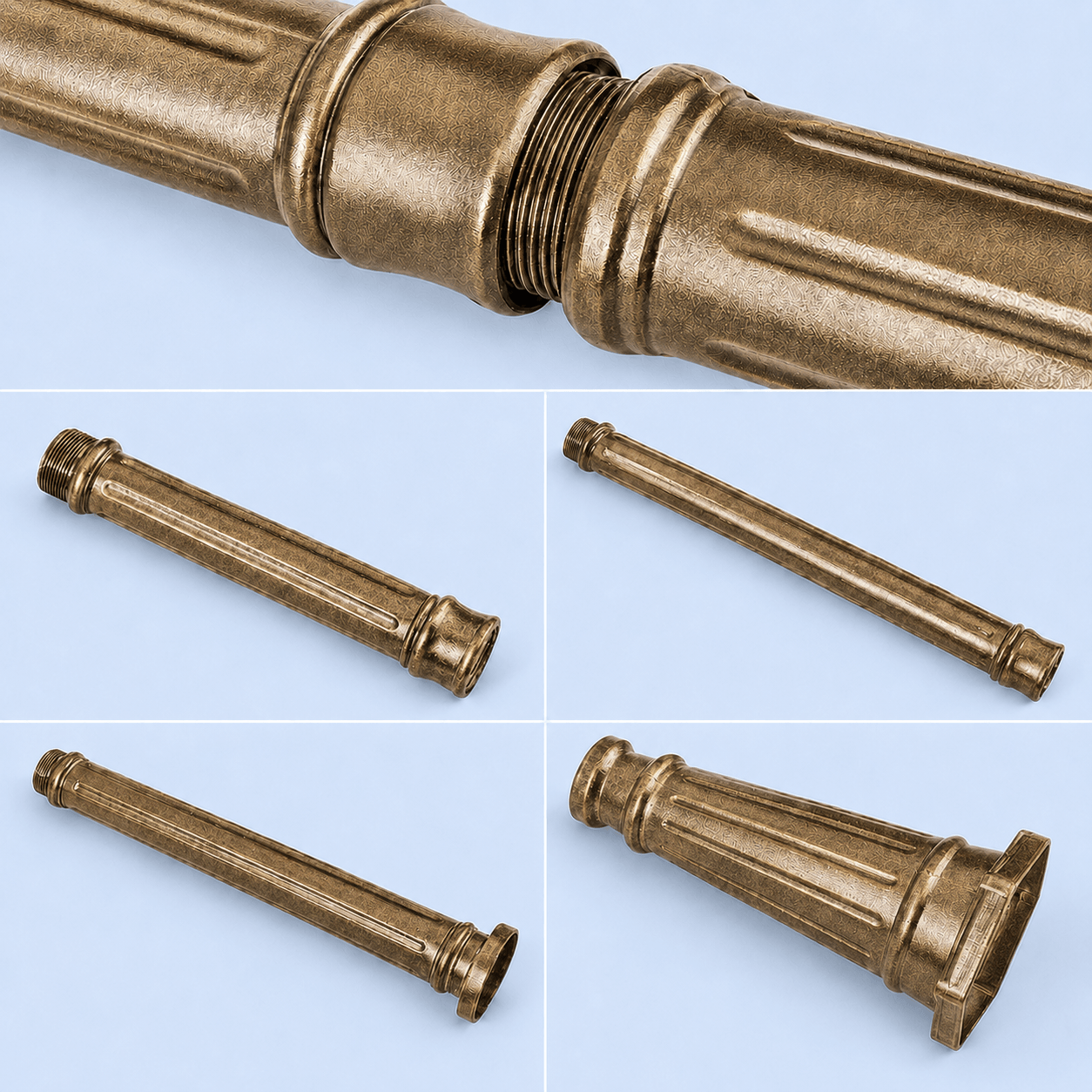 Antique bronze double head solar post light assembly parts showing screw-in threading connections on the textured metal sections.