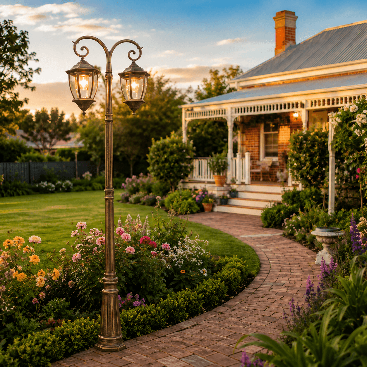 Antique bronze double head solar post light illuminating a brick pathway and lush garden landscape next to a heritage home.