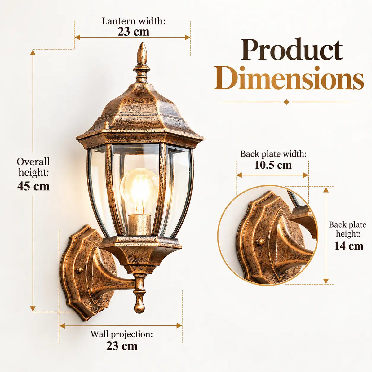 Product dimensions infographic diagram for the antique bronze outdoor wall lantern, detailing its forty five centimetre overall height, twenty three centimetre width, twenty three centimetre wall projection, and mounting back plate sizing specifications.