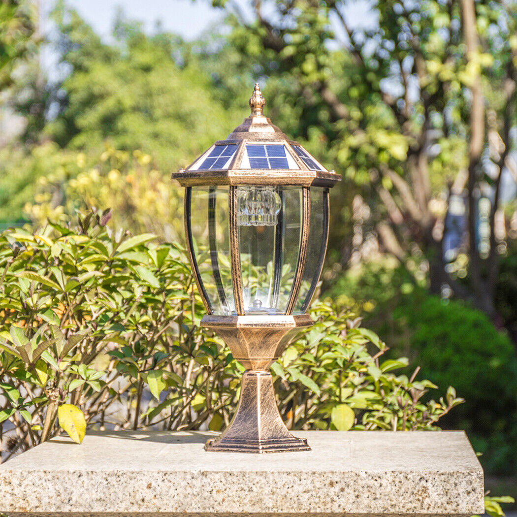 An elegant antique solar-powered post lamp with a sanded black die-cast aluminum frame and beveled clear glass panels, perfect for outdoor spaces. Featuring dusk-to-dawn automation, five light modes, and a remote control, it provides energy-efficient, weather-resistant illumination. No wiring required for easy installation. Stylish, durable, and backed by a 30-day guarantee.