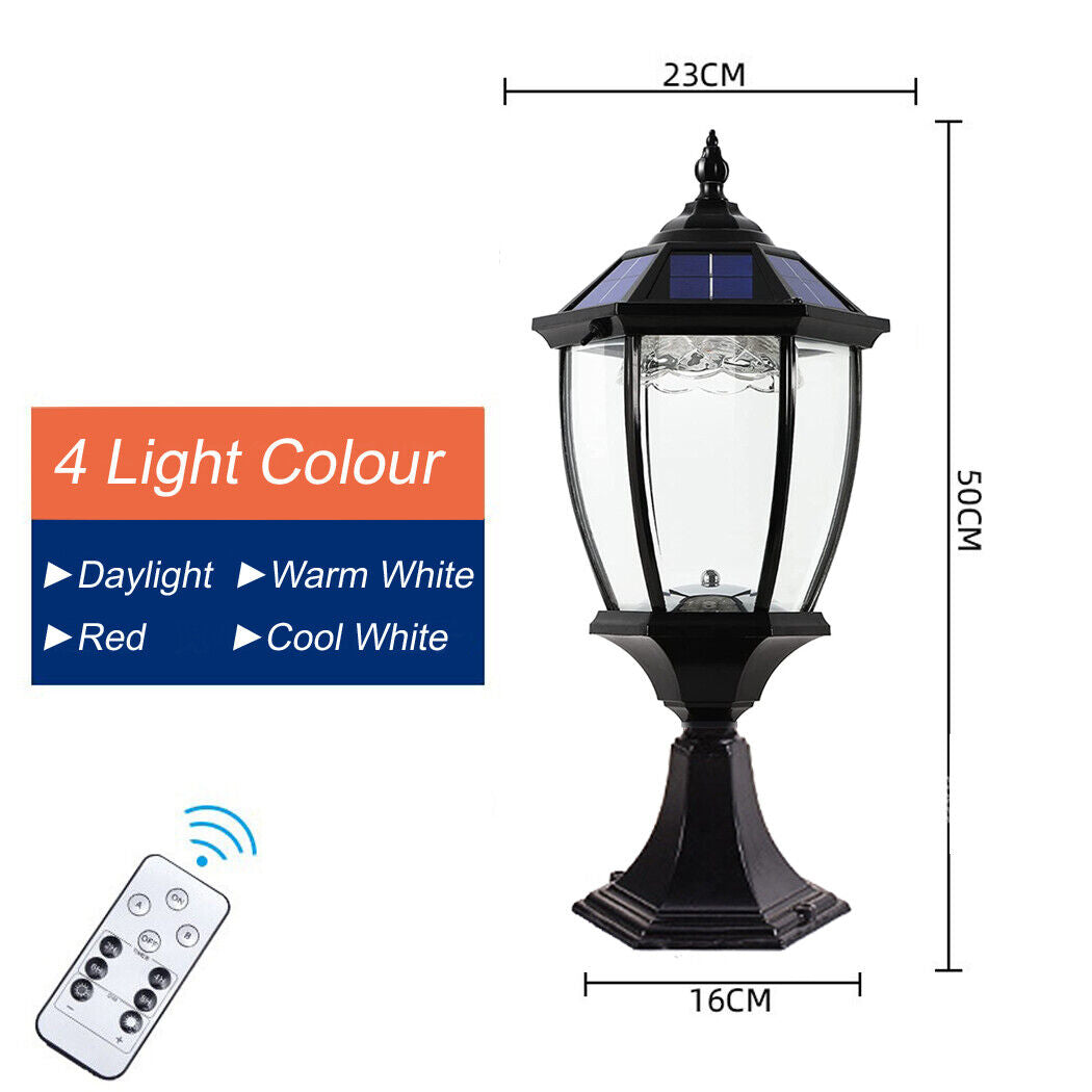 Elegant antique-style solar post lamp with a black die-cast aluminum frame and beveled glass panels. Offers dusk-to-dawn automation, 5 lighting modes, and remote control. Weather-resistant, energy-efficient, and wire-free for easy installation. Includes a 30-day guarantee.