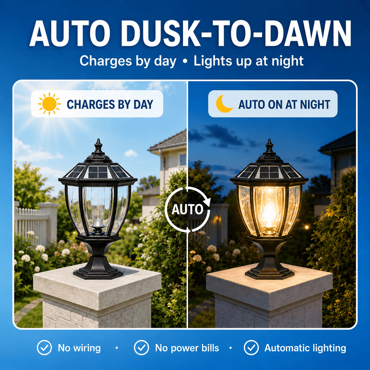 Black auto dusk-to-dawn solar powered pillar lights for outdoor brick columns, displaying side-by-side charging by day and automatic warm night lighting with no wiring or power bills.