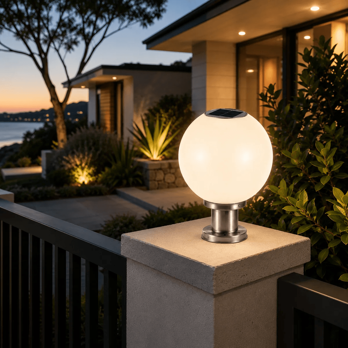 Ball Sphere Garden Pillar Light glowing with warm white light on a coastal concrete gate post at sunset in Australia