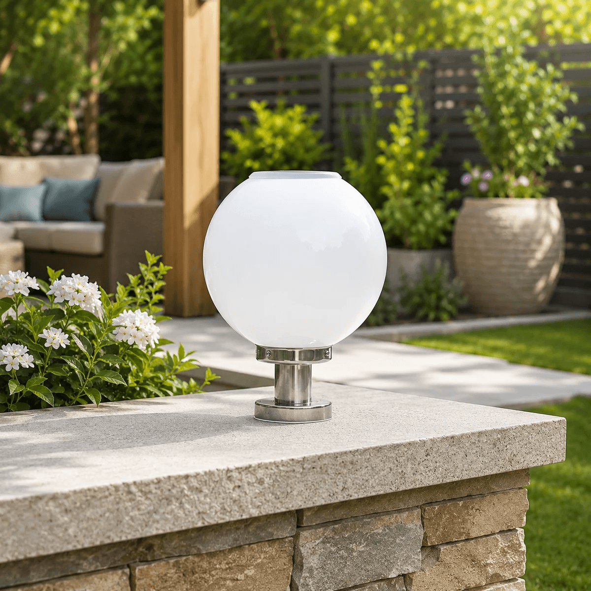Ball Sphere Garden Pillar Light mounted on a stone retaining wall in a modern backyard entertaining area in Australia
