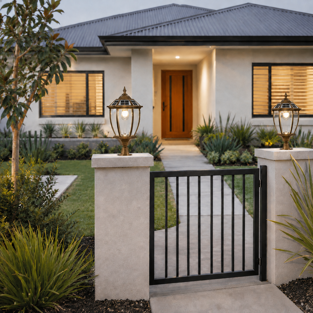 Two antique-style solar lights for brick columns and gate pillars illuminating a modern home entrance walkway and front fence.