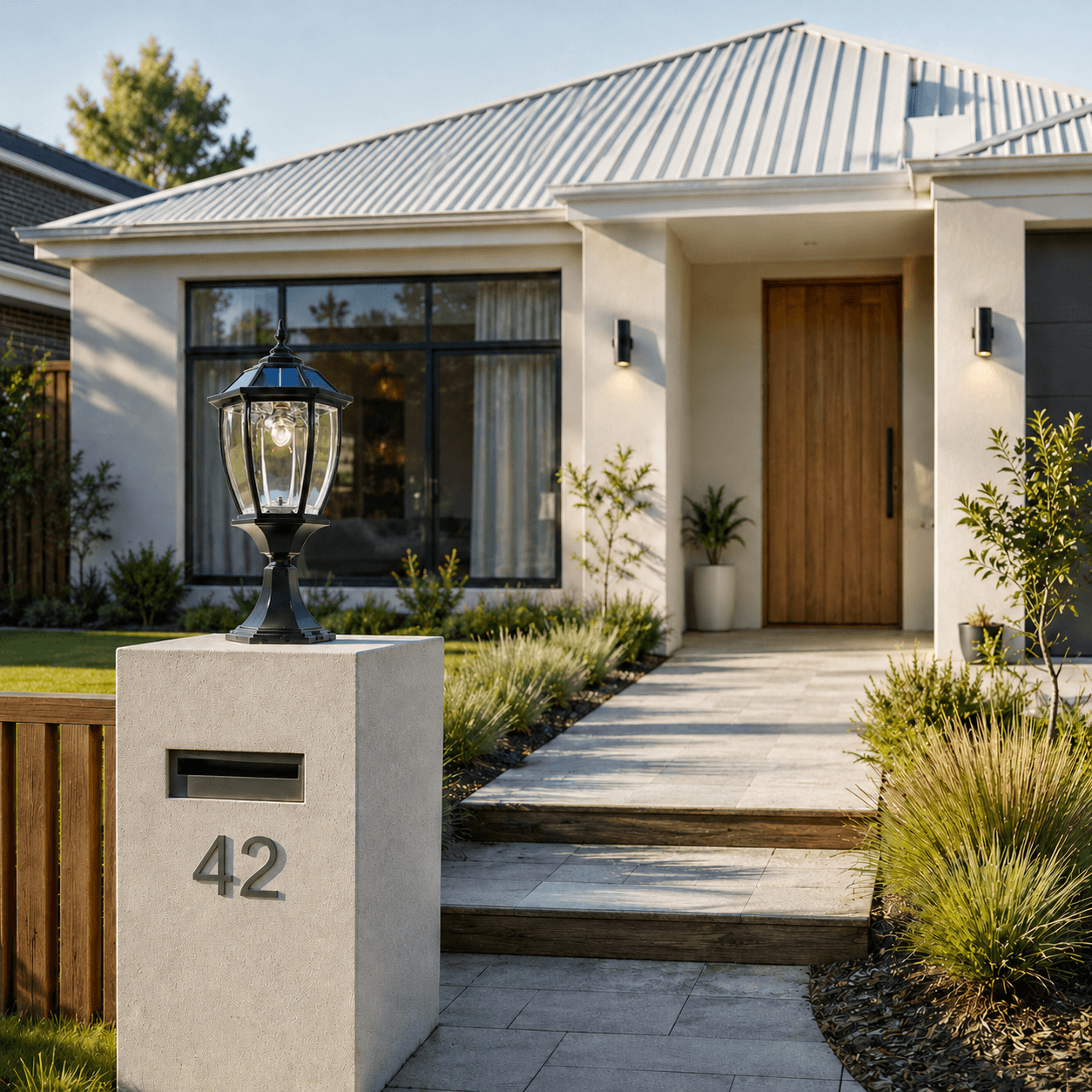 Premium black Victorian solar pillar light mounted on a concrete fence column with house number 42, lighting up the front entry path and porch post area of a modern home.