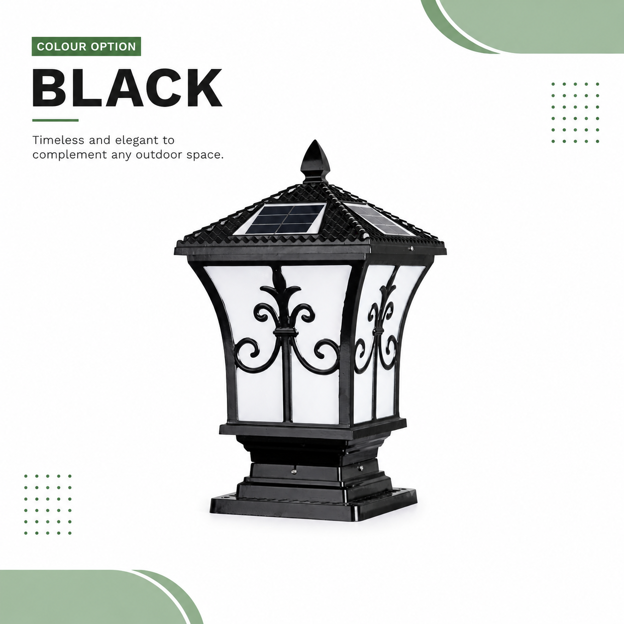 A product showcase graphic displaying the timeless black color option for this classic solar coach lamp, highlighting its elegant design for outdoor spaces.
