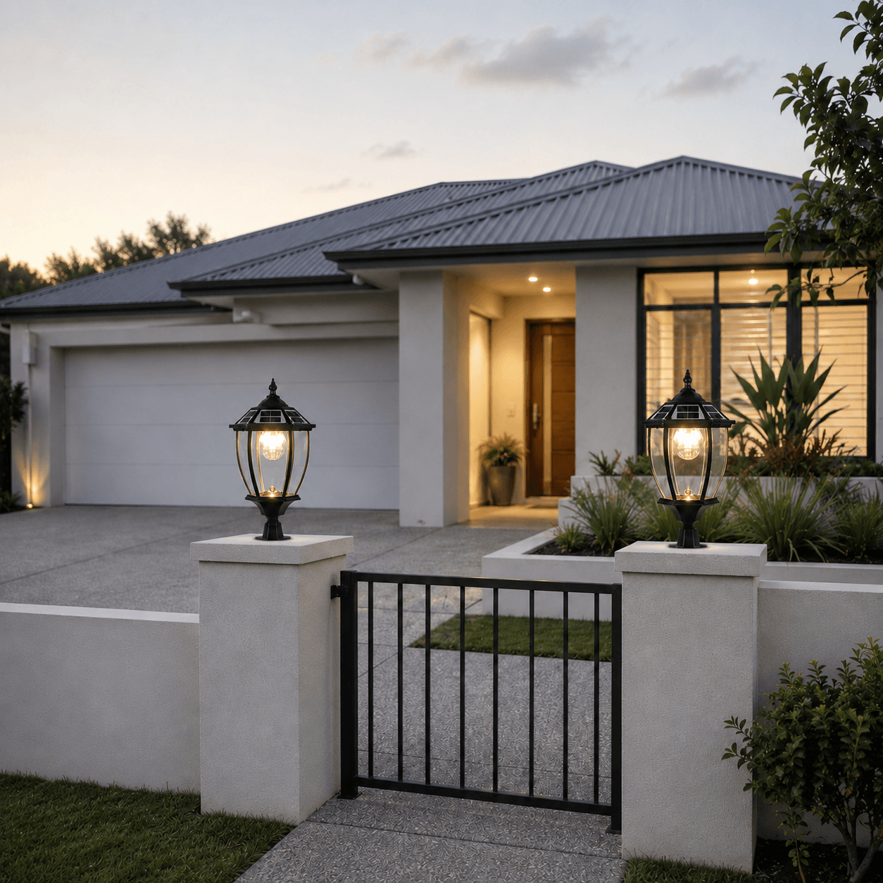 Two black Victorian solar pillar lights illuminating an outdoor garden entrance, mounted securely on concrete driveway pillars and brick columns in front of an Australian home.