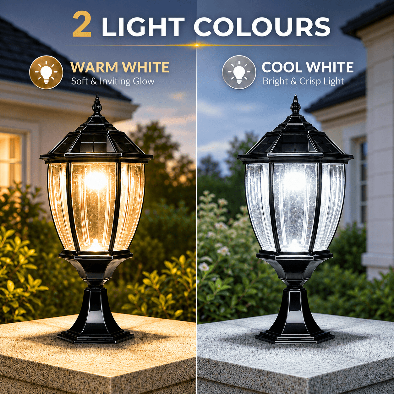 Two black Victorian solar lights for pillar tops showing a split-screen comparison of the warm white soft glowing light mode next to the bright cool white crisp light option.