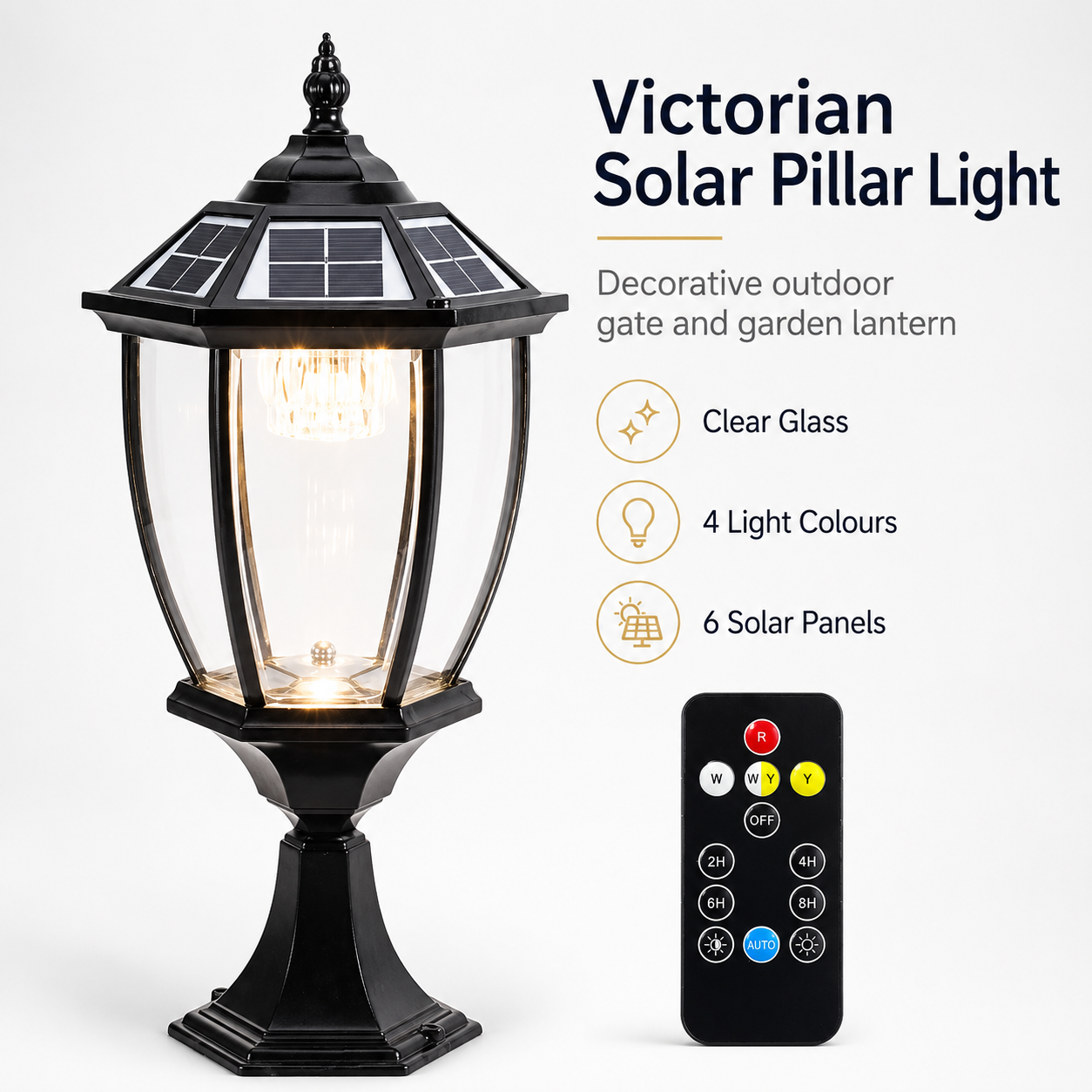 Black Victorian solar pillar light with remote control, featuring a matte black die-cast aluminium frame, clear glass panels, 4 light colours, and 6 solar panels for brick columns and gate pillars.
